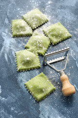 Raw ravioli on color background