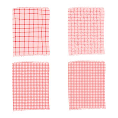 Set of hand drawn vector illustration of red or pink checkered picnic blankets. Cartoon doodle style isolated on white background. - obrazy, fototapety, plakaty