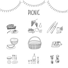 Han drawn vector illustration of picnic party essentials basket, picnic table, snacks, wine, fruits, cheese, pie,  and party garlands. Cartoon abstract doodle style isolated on white background.
