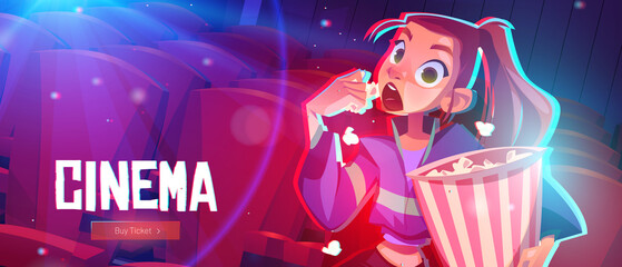 Cinema cartoon web banner, young mesmerized girl with pop corn bucket sitting in movie theater front of screen watching very interesting film with open mouth, buy tickets online, Vector webpage design