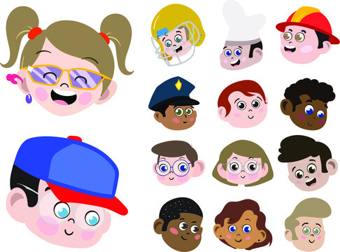 Big Vector Pack of 14 Faces of Kids of different Gender Race and Professions. Cute and Adorable Children with varied Expressions and hairstyles. Doctor Soccer player Professor Student Rockstar Chef.