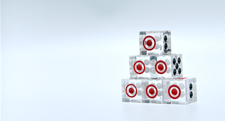 Six translucent dice set in layers. Show the side with one point. on a white background at the right edge of the picture