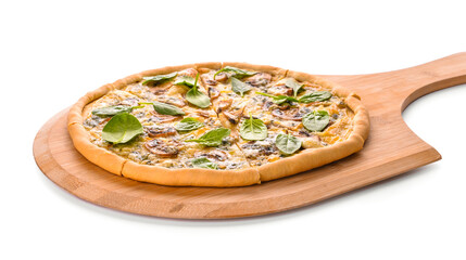 Delicious vegetarian pizza with mushrooms and spinach on white background