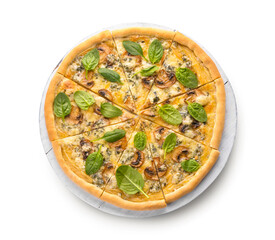 Delicious vegetarian pizza with mushrooms and spinach on white background