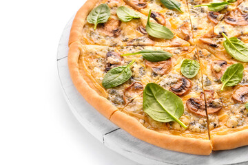 Delicious vegetarian pizza with mushrooms and spinach on white background, closeup
