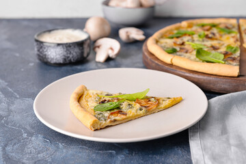 Slice of tasty vegetarian pizza on color background