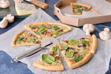 Composition with tasty vegetarian pizza on color background