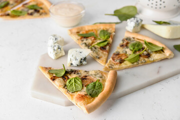 Composition with tasty vegetarian pizza and cheese on white background