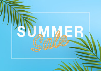 3d summer tropical sale background vector. top view on palm leaves, monstera leaf, 3d background blue for wall framed prints, canvas prints, poster, tropical backdrop. banner promo badge for holiday