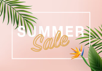 3d summer tropical sale background vector. top view on palm leaves, monstera leaf, 3d background pink for wall framed prints, canvas prints, poster, tropical backdrop. banner promo badge for holiday