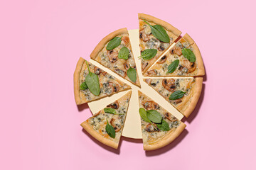 Slices of tasty vegetarian pizza on color background