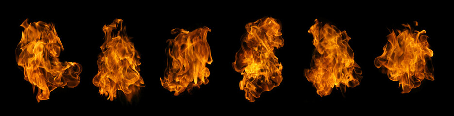 Set of flame and fire collection burning isolated on dark background for graphic design