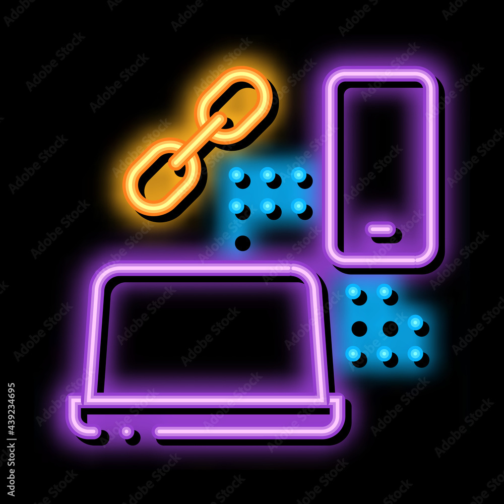 Poster computer and phone connection neon light sign vector. glowing bright icon computer and phone connect