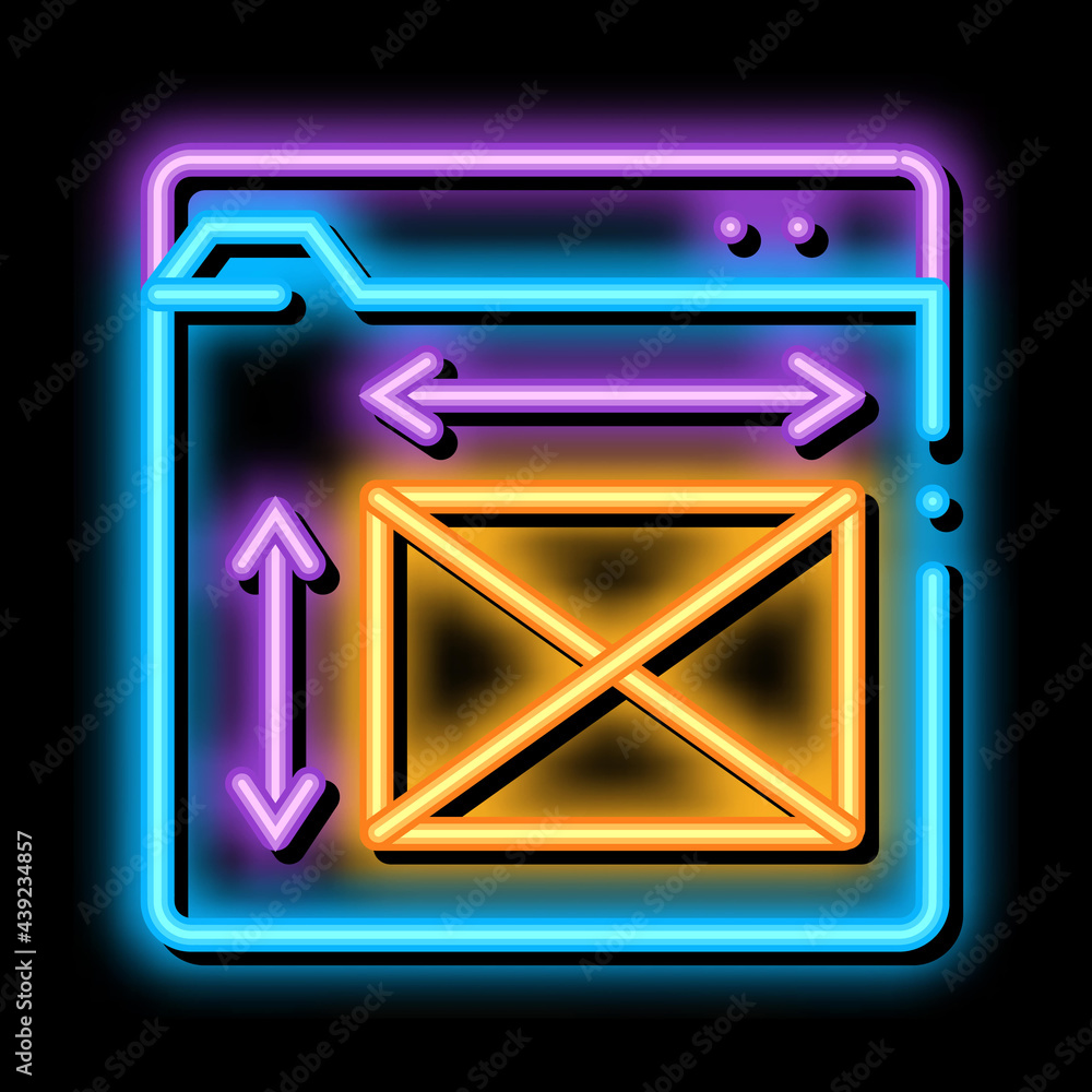 Poster front end web design sizes neon light sign vector. glowing bright icon front end web design sizes si