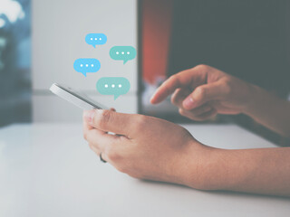 Woman using mobile smartphone. Online live chat chatting on application communication digital media website and social network