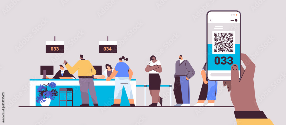 Poster mix race people looking at display number board in waiting room electronic queuing system queue mana