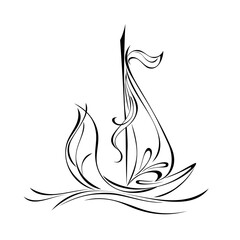 object 26. stylized boat with a sail floats on water in black lines on a white background