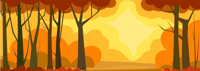 Tree background vector. Dense wild plants with tall, branched trunks. Autumn landscape. Flat design. Cartoon style.