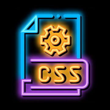 front end css code neon light sign vector. Glowing bright icon front end css code sign. transparent symbol illustration