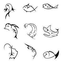fish line icon set. simple logo concept. shark, dolphin, stingray, tuna, catfish, marlin. Suitable for logo, icons and symbol. such as seafood restaurant logo, fishing companies