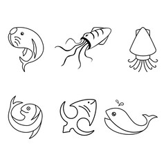 Marine life line icon. six icon. seals,squid,cuttlefish,whale. for icon,logo,mascot, sign and symbol