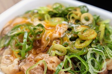 日本のファストフード店のネギと卵の牛丼のクローズアップ