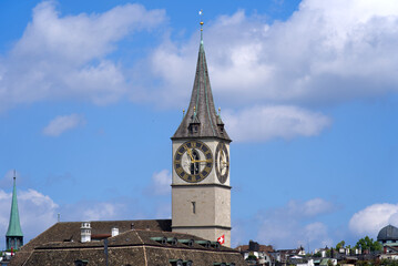Fototapeta na wymiar Protestant church St. Peter at the old town of Zurich at a beautiful summer day. Photo taken June 13th, 2021, Zurich, Switzerland.