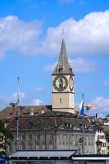 Fototapeta na wymiar Protestant church St. Peter at the old town of Zurich at a beautiful summer day. Photo taken June 13th, 2021, Zurich, Switzerland.