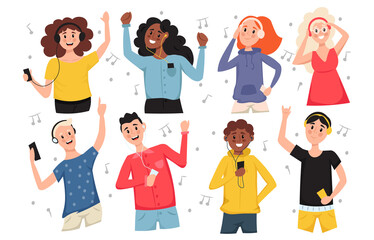 People listen music with earphones and dancing. Group of happy boys and girls using headphones and smartphone isolated on white background. Flat cartoon vector illustration.