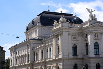 Close-up of Zurich opera house at summertime with stone ornaments and statues. Photo taken June 13th, 2021, Zurich, Switzerland.