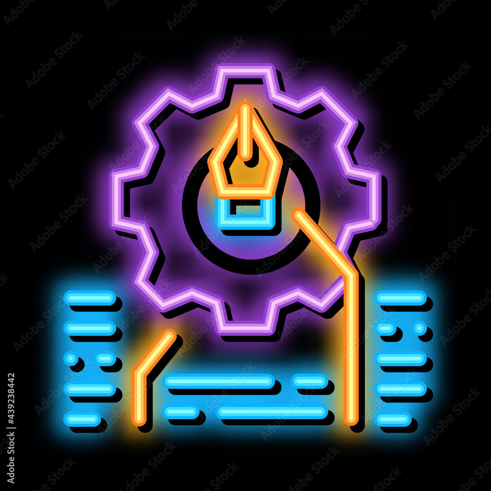 Poster front end working and design neon light sign vector. glowing bright icon front end working and desig