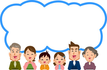 笑顔で頬杖をつく三世代家族と吹き出し
