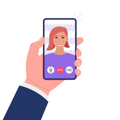 Video call. Hand holding smartphone. Young woman on screen. Vector.