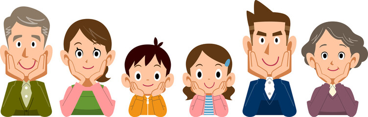 頬杖をつく三世代家族
