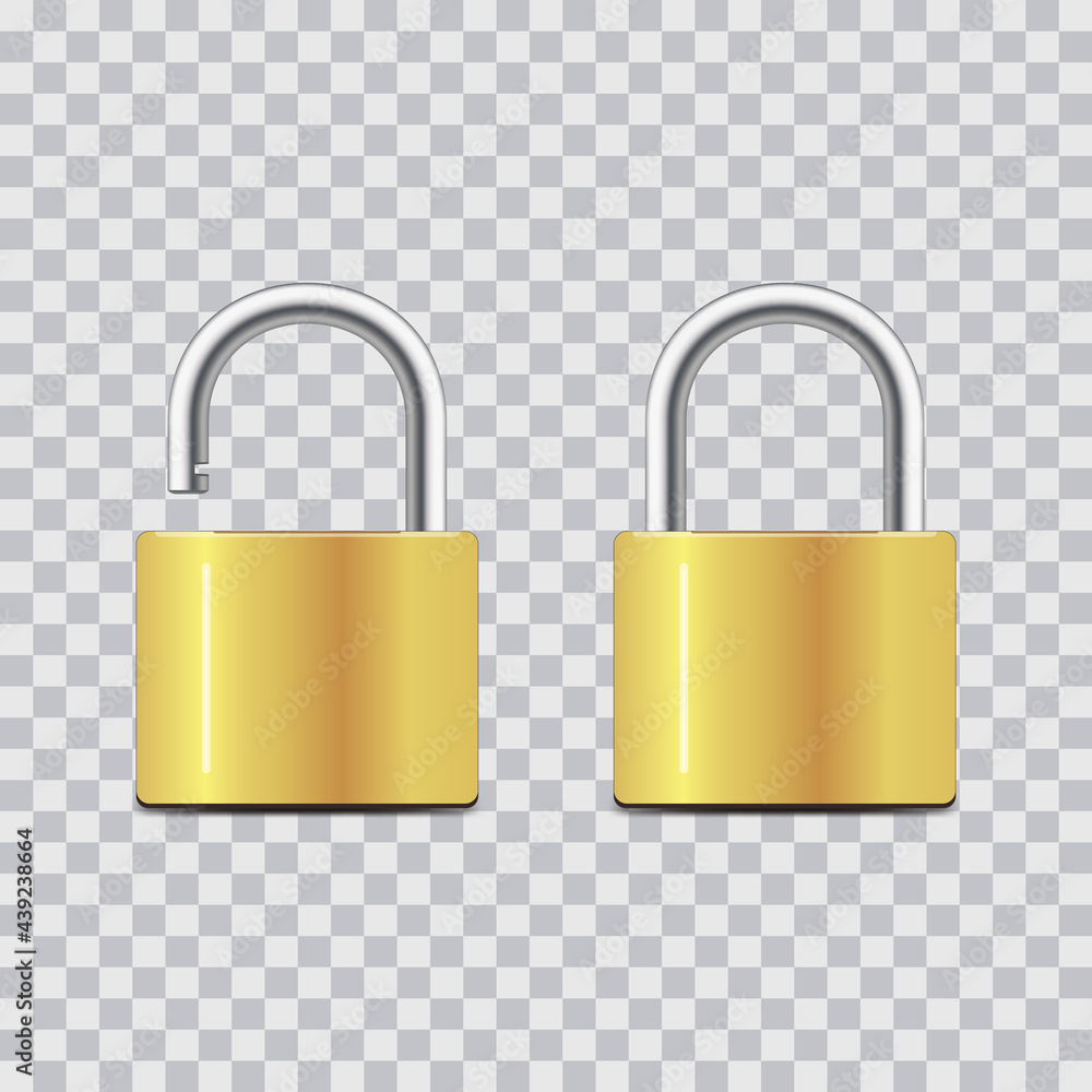 Poster locked and unlocked padlock. realistic set of golden locks on transparent background. security conce