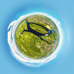 Spherical 360 degrees panorama of summer landscape with fields and green grass. Little planet...