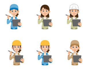 書類に記入する作業着の女性のセット
