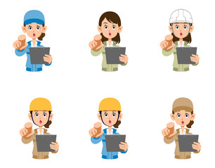 書類を手に指を指す作業着の女性のセット
