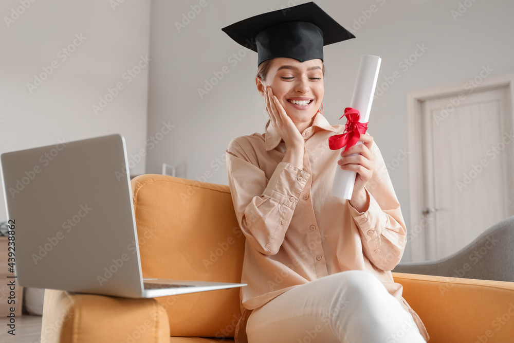 Sticker Happy female student on her graduation day at home. Concept of studying online