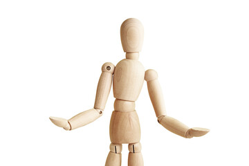 Wooden doll with gesture isolated on white background. Mannequin shows gesture. Figure of wooden human with copy space