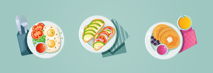 Collection of morning healthy food top view. Set classic breakfast dish tasty fresh brunch