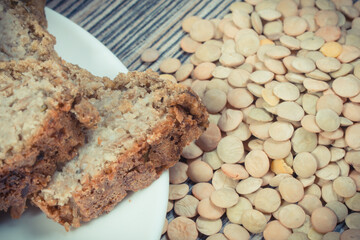 Green lentil seeds containing vitamins and fresh baked pate. Healthy eating