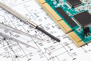 Circuit board with transistors, resistors, capacitor. Diagram of electronics and precision tools