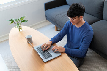 Young asian male tech user relaxing  holding laptop computer and looking at the screen in living...