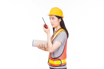 Female foreman with a safety helmet and smartphone. Woman professional builder, repairman or technician in yellow hardhat and workwear isolated on white background.