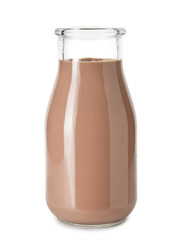 Bottle of tasty chocolate milk on white background