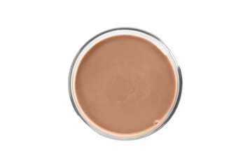 Glass of tasty chocolate milk on white background