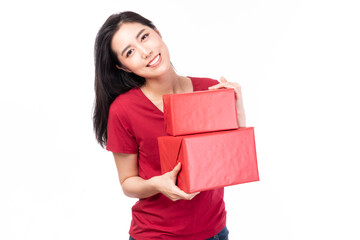 Fototapeta na wymiar Asian women holding red present box. Portrait of happy smiling Asian girl in casual clothing holding gift box isolated on white. Happy pretty Asian woman holding red gift box on white background.