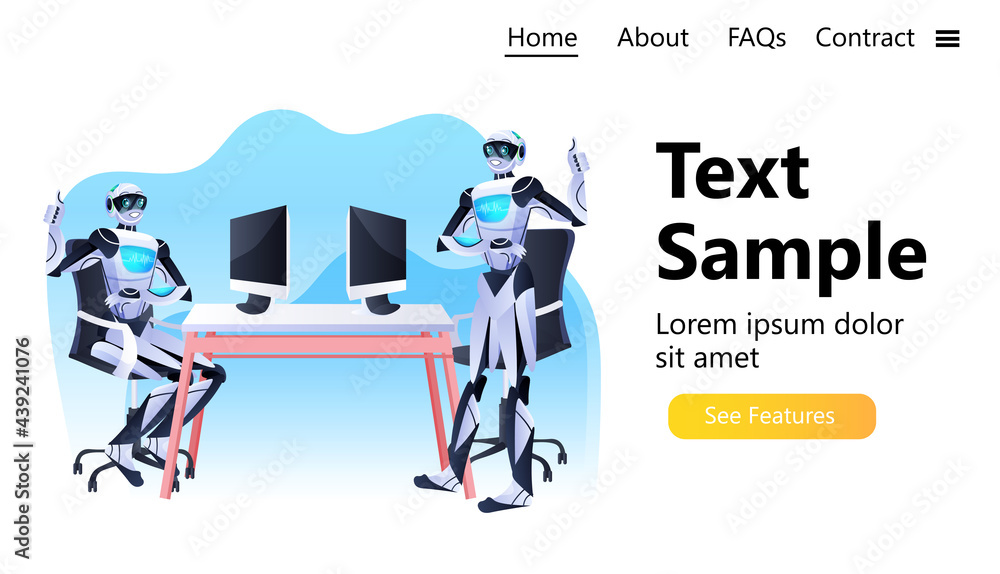 Poster business robots team discussing during meeting at workplace in office artificial intelligence techno