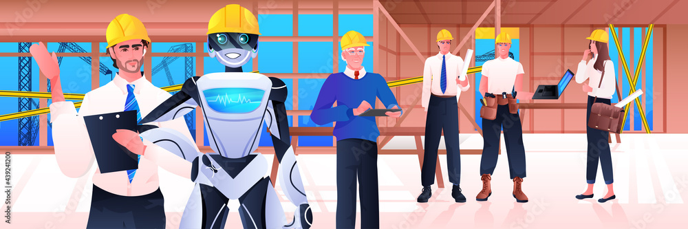 Aufkleber robot and workmen engineers in hardhats standing on construction site artificial intelligence techno
